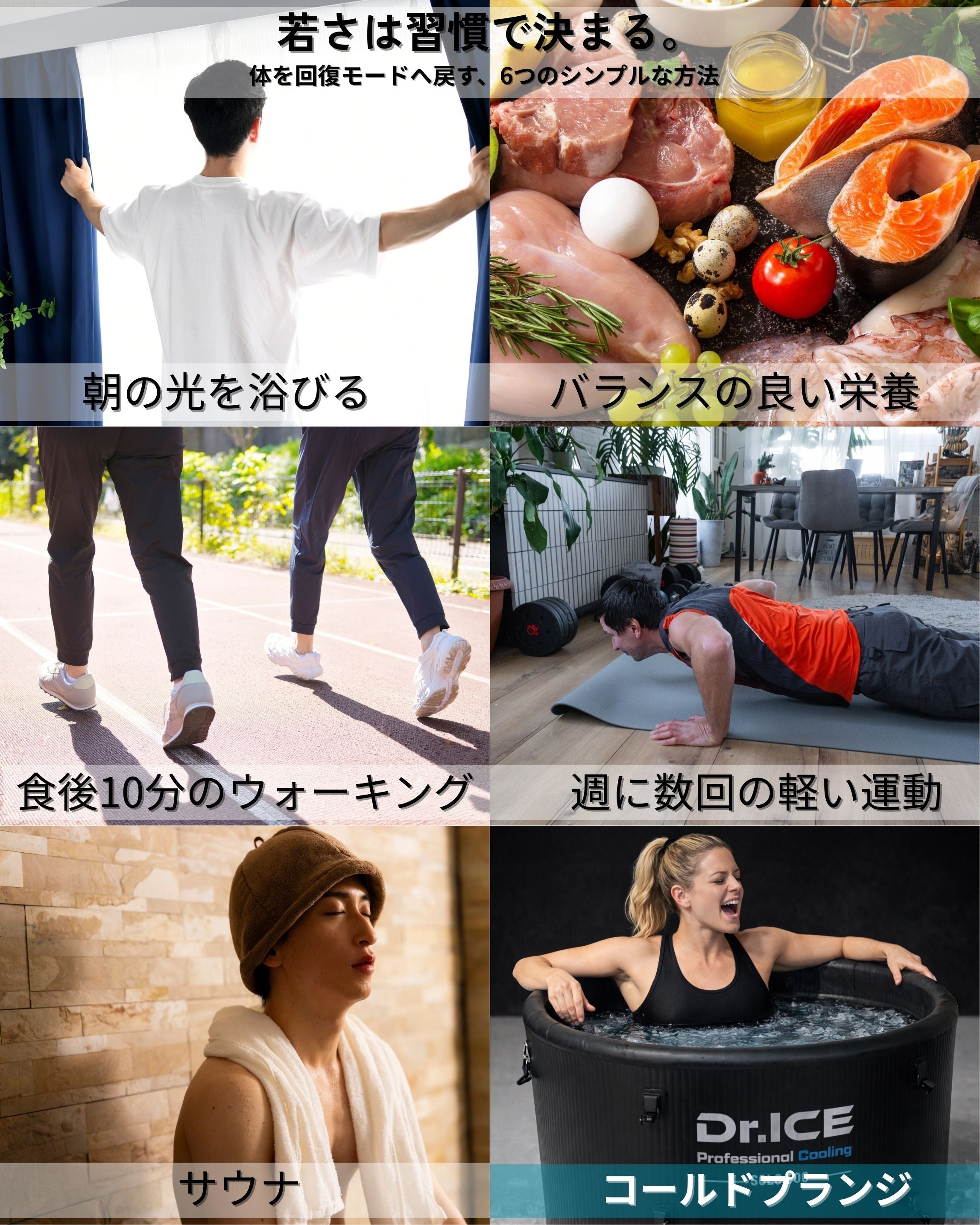 アイスバス（コールドプランジ）とアンチエイジング習慣を表すコラージュ画像｜朝の光、バランスのよい栄養、ウォーキング、軽い運動、サウナ、コールドプランジで若さと回復力を保つDr.ICEの生活習慣